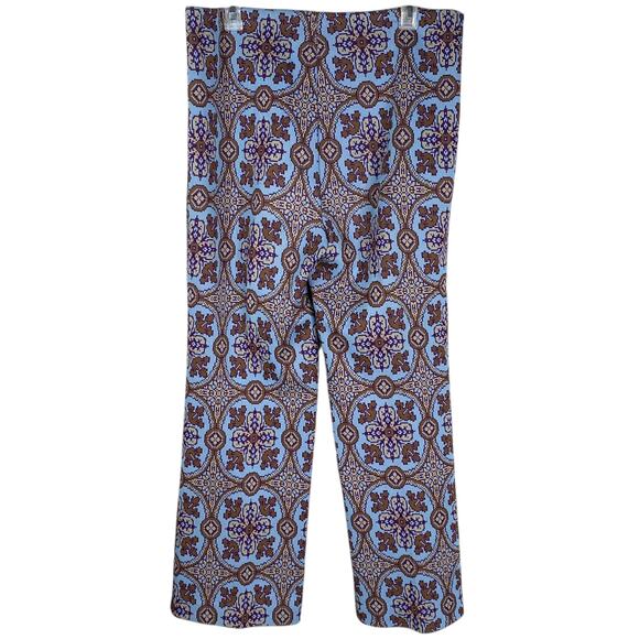 Vtg 70s Baby Blue Brown Damask Print Straight Leg Pull On Pants SZ 12 - Picture 4 of 7